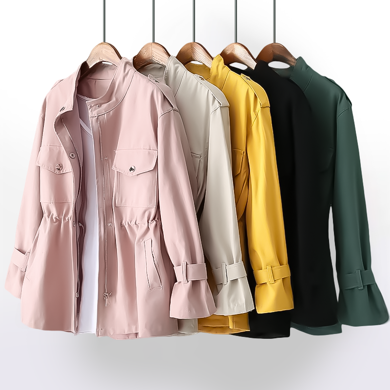 "Elegante casual damestrenchcoat in luxe katoenmix, stijlvol beige design, perfect voor elke gelegenheid en elk weer."