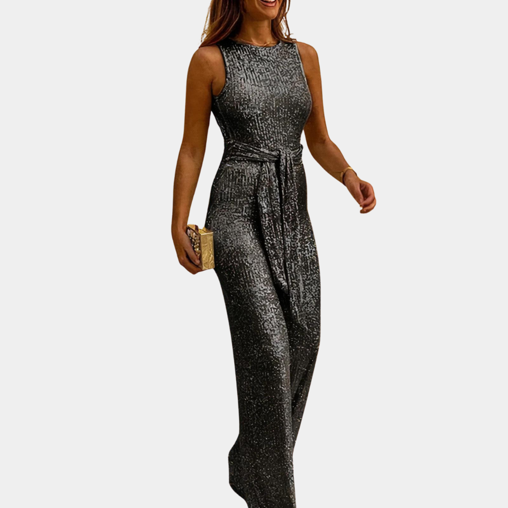 "Elegante dames glitterjumpsuit in verrassende kleuren voor feestelijke gelegenheden, met glamour en comfort."