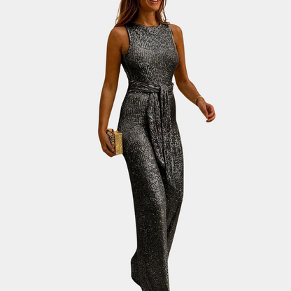 "Elegante dames glitterjumpsuit in verrassende kleuren voor feestelijke gelegenheden, met glamour en comfort."