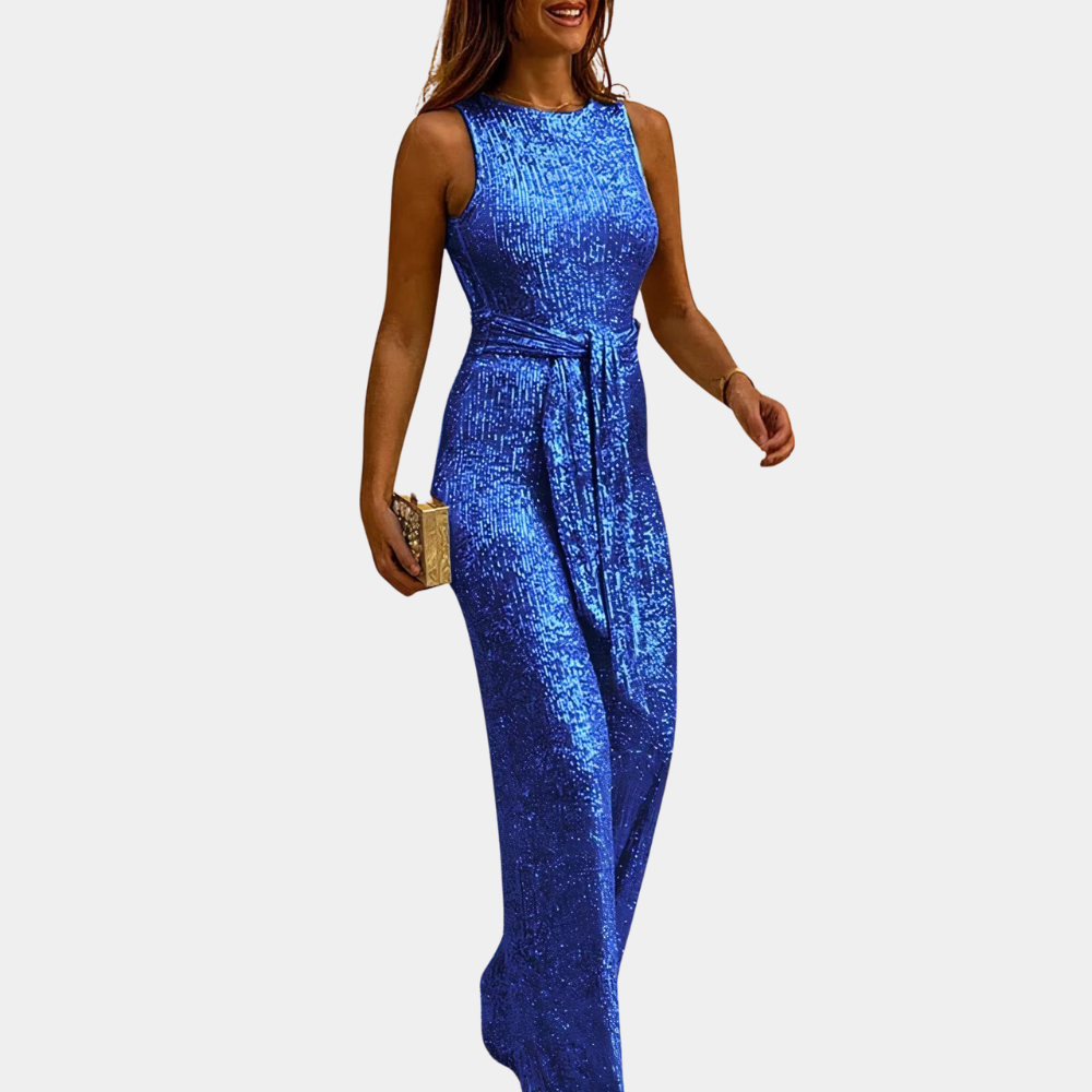 "Elegante dames glitterjumpsuit in verrassende kleuren voor feestelijke gelegenheden, met glamour en comfort."