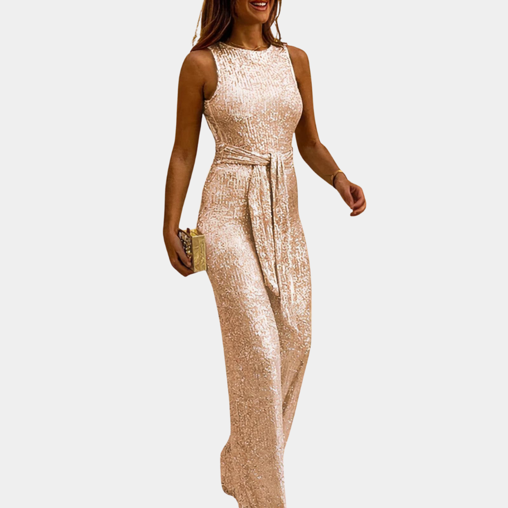 "Elegante dames glitterjumpsuit in verrassende kleuren voor feestelijke gelegenheden, met glamour en comfort."