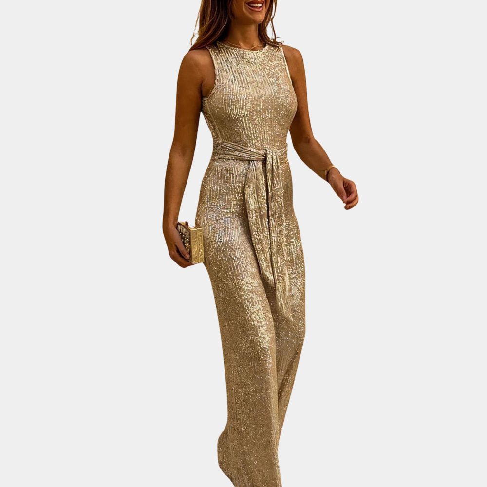 "Elegante dames glitterjumpsuit in verrassende kleuren voor feestelijke gelegenheden, met glamour en comfort."