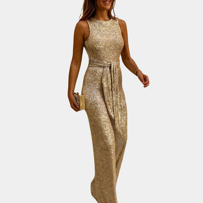 "Elegante dames glitterjumpsuit in verrassende kleuren voor feestelijke gelegenheden, met glamour en comfort."