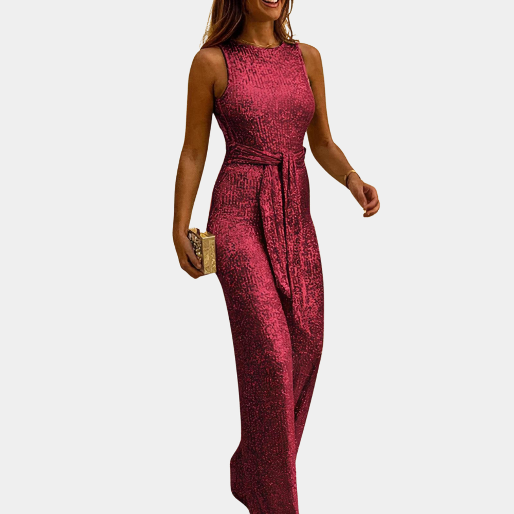 "Elegante dames glitterjumpsuit in verrassende kleuren voor feestelijke gelegenheden, met glamour en comfort."