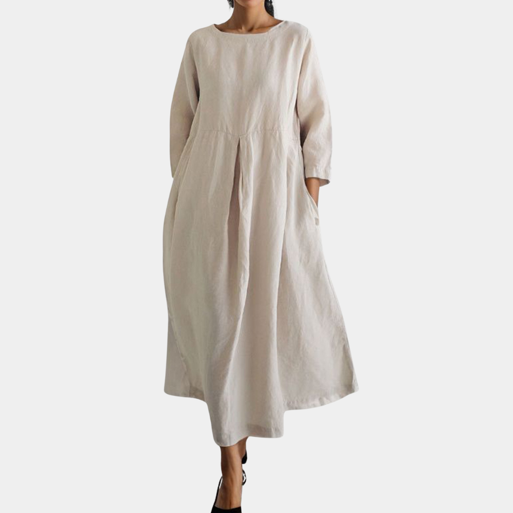 Elegante dames midi jurk in geelbruin, losvallend met ademende stof, perfect voor zomer; veelzijdig en comfortabel.