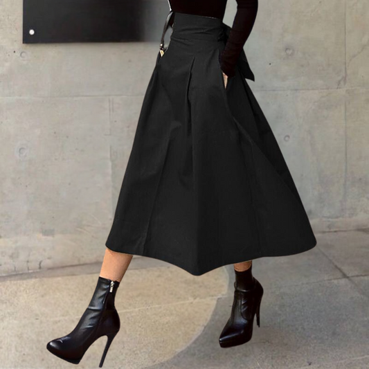 "Elegante damesrok met hoge taille in groen, licht uitlopend, van zacht katoen voor een modieuze en comfortabele look."