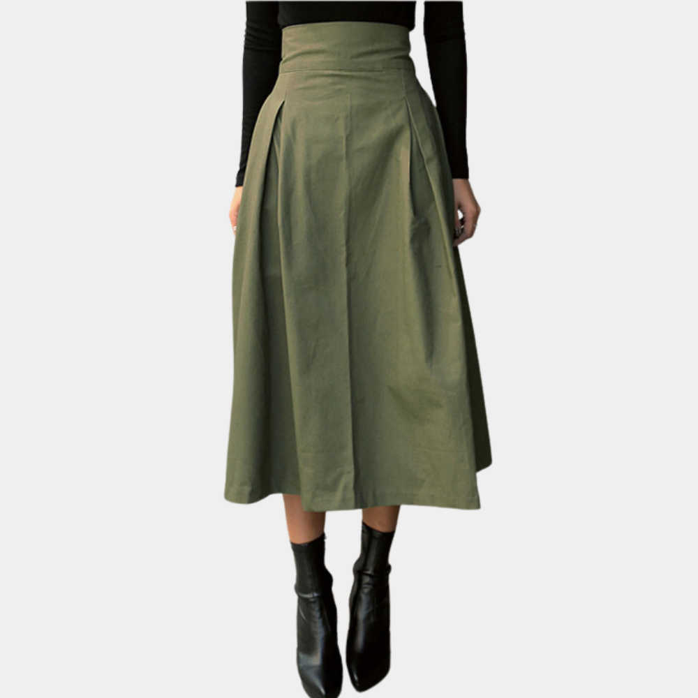 "Elegante damesrok met hoge taille in groen, licht uitlopend, van zacht katoen voor een modieuze en comfortabele look."