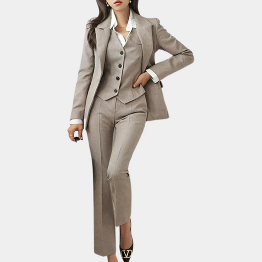 Elegante damesset met pantalon, gilet en blazer, stijlvol en professioneel in een veelzijdige khaki tint voor elke gelegenhei
