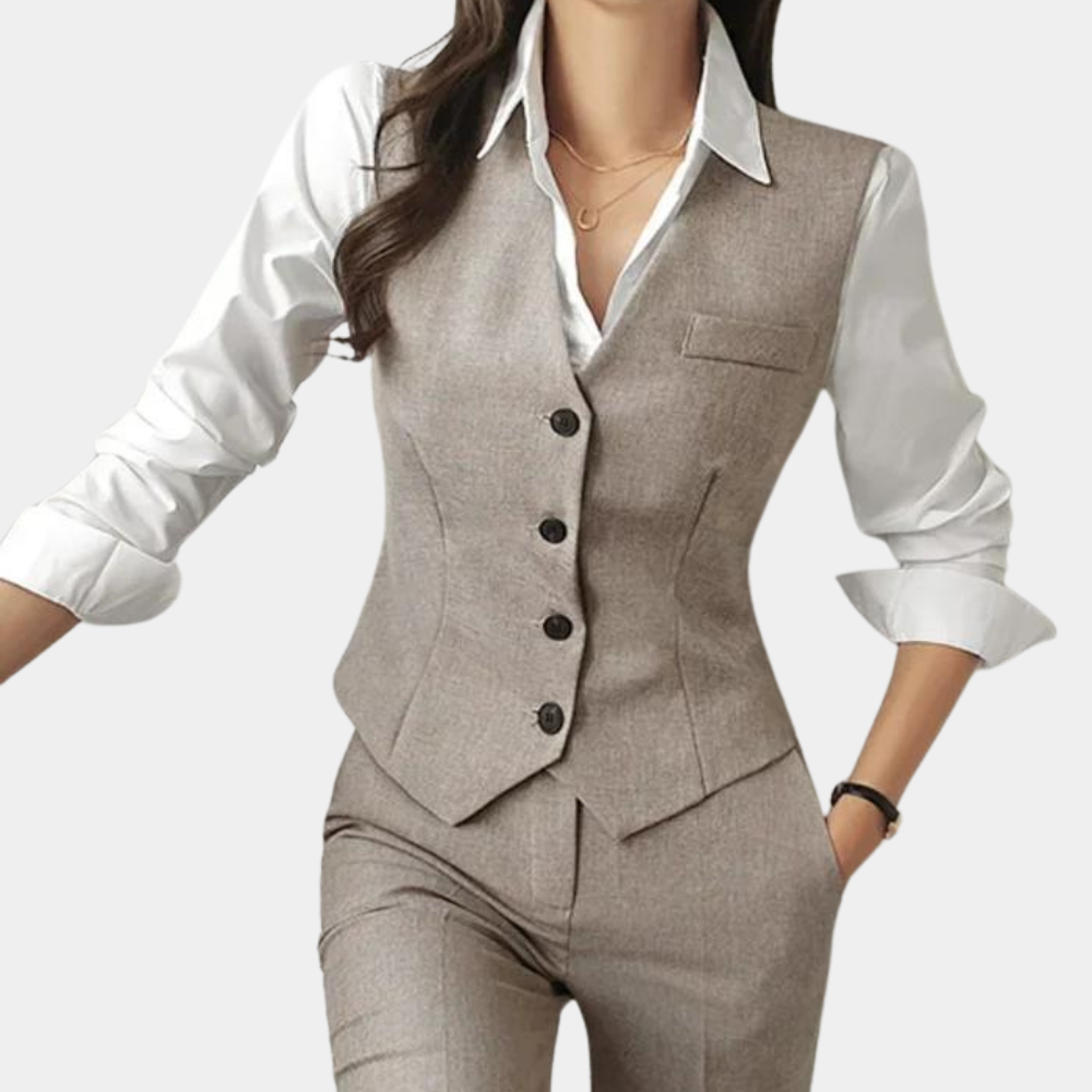 Elegante damesset met pantalon, gilet en blazer, stijlvol en professioneel in een veelzijdige khaki tint voor elke gelegenhei