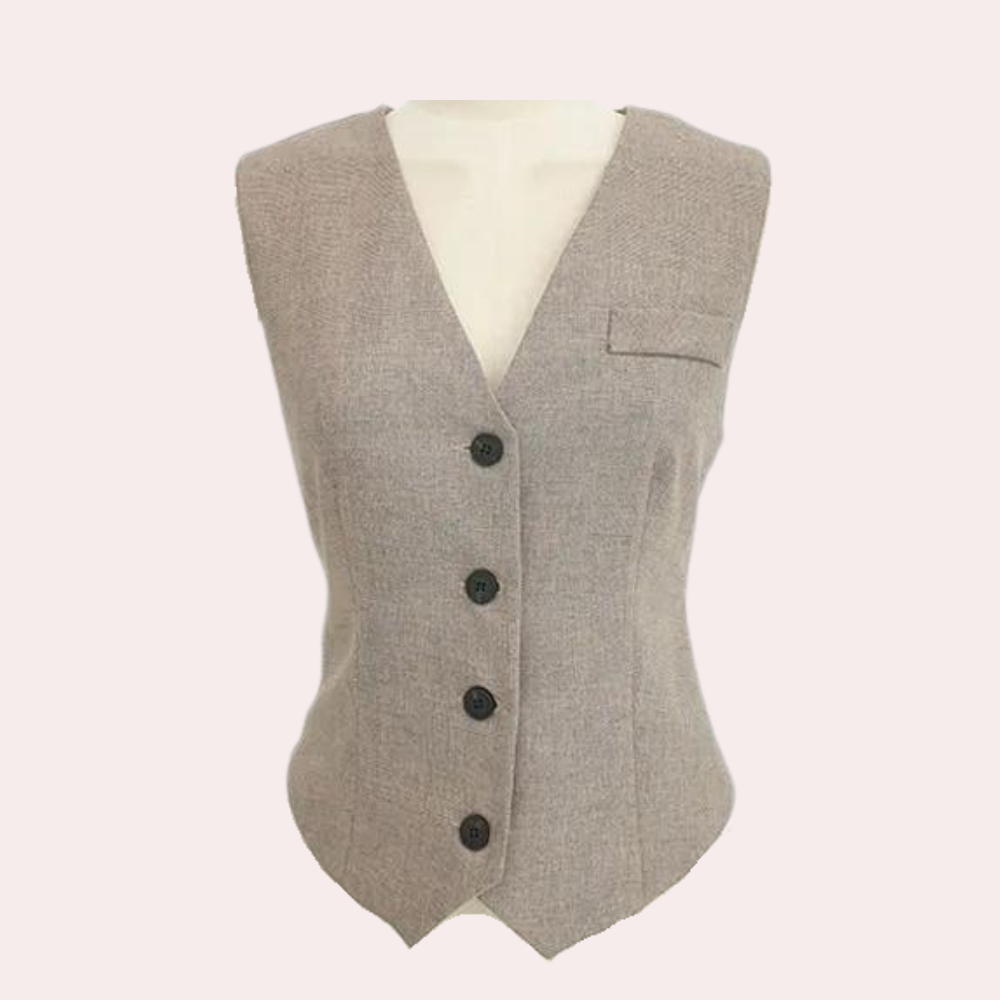 Elegante damesset met pantalon, gilet en blazer, stijlvol en professioneel in een veelzijdige khaki tint voor elke gelegenhei