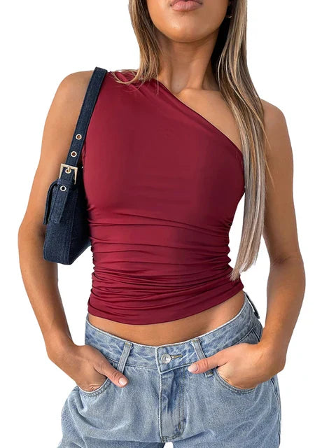 Elegante Danique tanktop: one-shoulder, rugloos, trendy dameskleding. Perfect voor avond- of casual outfits.