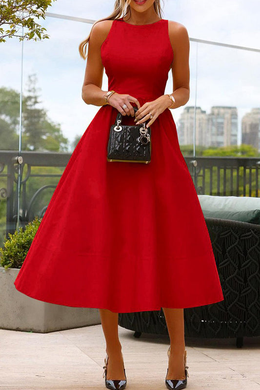 Elegante effen O-hals prinsessenjurk, mouwloos, polyester, ideaal voor speciale gelegenheden, stijlvolle lange jurk.