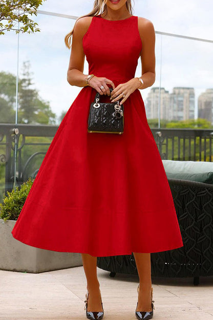 Elegante effen O-hals prinsessenjurk, mouwloos, polyester, ideaal voor speciale gelegenheden, stijlvolle lange jurk.