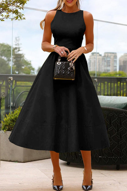 Elegante effen O-hals prinsessenjurk, mouwloos, polyester, ideaal voor speciale gelegenheden, stijlvolle lange jurk.