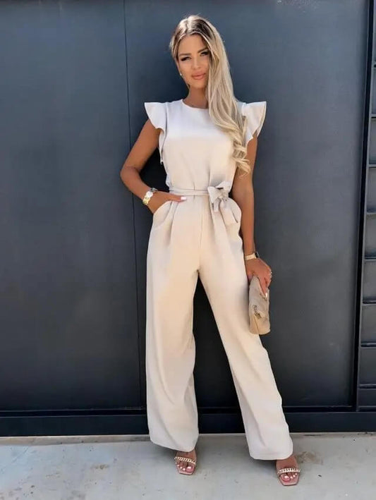 "Elegante Florentine jumpsuit met vlindermouwen, verstelbare ceintuur en brede pijpen in diverse kleuren."