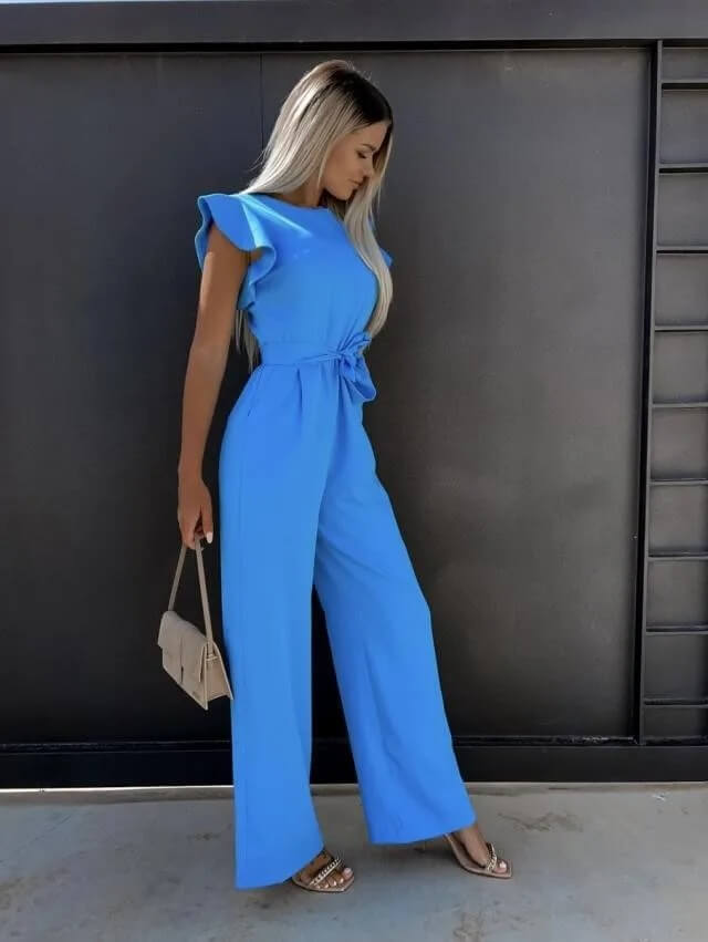 "Elegante Florentine jumpsuit met vlindermouwen, verstelbare ceintuur en brede pijpen in diverse kleuren."