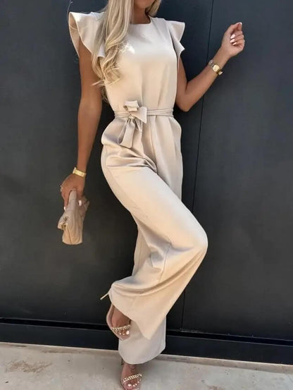 "Elegante Florentine jumpsuit met vlindermouwen, verstelbare ceintuur en brede pijpen in diverse kleuren."