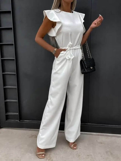 "Elegante Florentine jumpsuit met vlindermouwen, verstelbare ceintuur en brede pijpen in diverse kleuren."