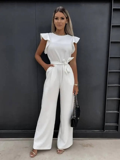 "Elegante Florentine jumpsuit met vlindermouwen, verstelbare ceintuur en brede pijpen in diverse kleuren."