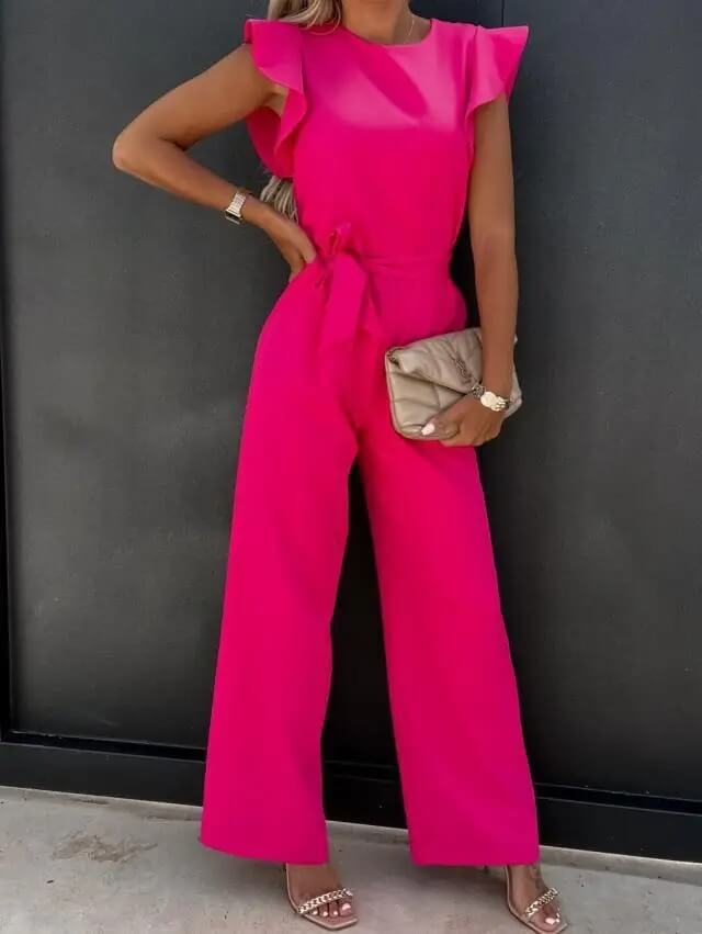 "Elegante Florentine jumpsuit met vlindermouwen, verstelbare ceintuur en brede pijpen in diverse kleuren."