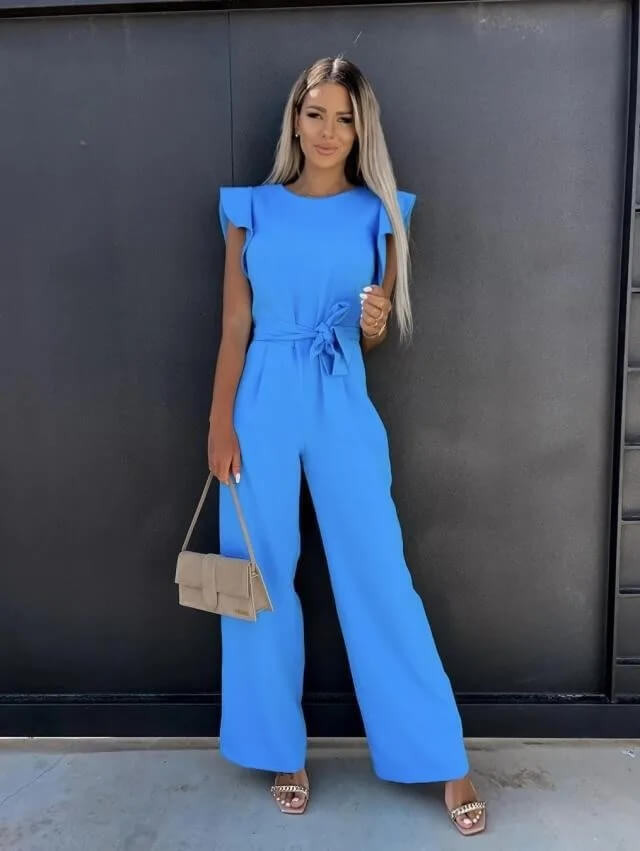 "Elegante Florentine jumpsuit met vlindermouwen, verstelbare ceintuur en brede pijpen in diverse kleuren."