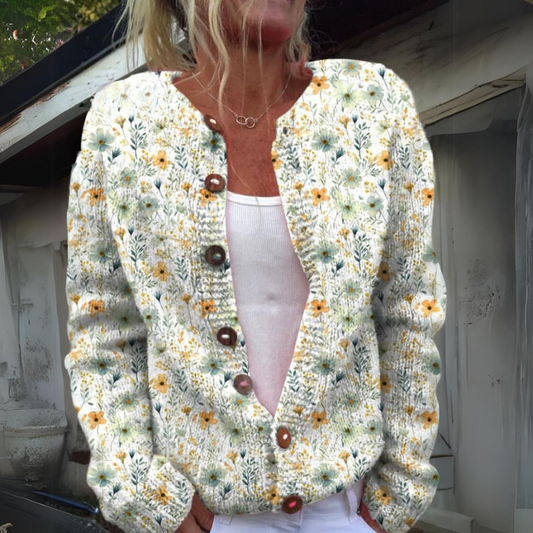 "Elegante gebloemde gebreide cardigan voor dames, met bloemenpatroon en knoopdetails, ideaal voor elke gelegenheid."