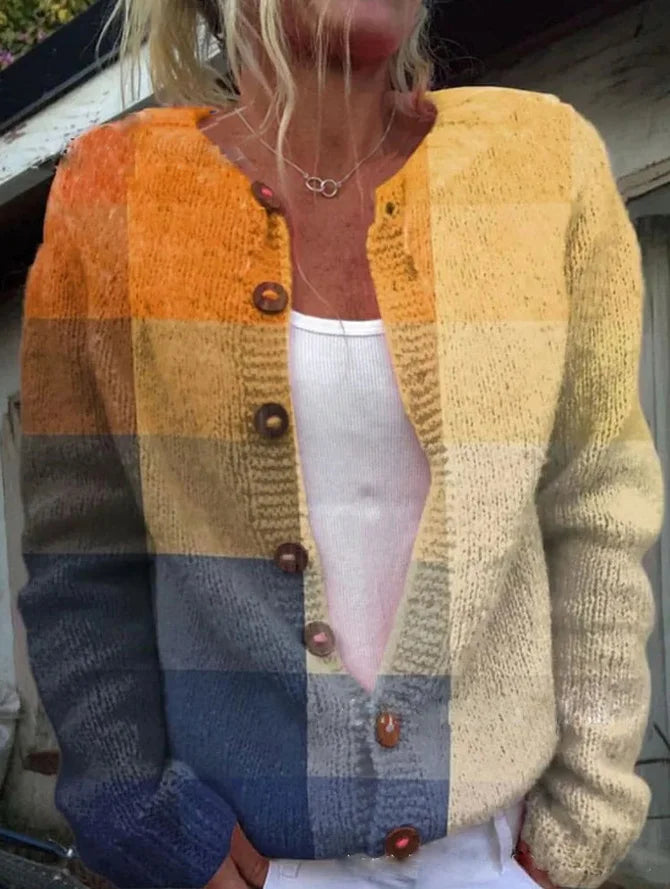"Elegante gebloemde gebreide cardigan voor dames, met bloemenpatroon en knoopdetails, ideaal voor elke gelegenheid."