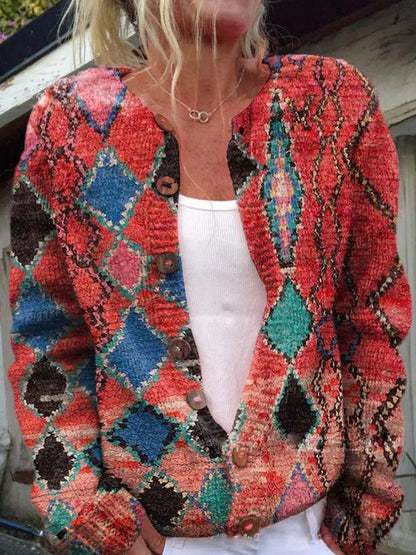 "Elegante gebloemde gebreide cardigan voor dames, met bloemenpatroon en knoopdetails, ideaal voor elke gelegenheid."