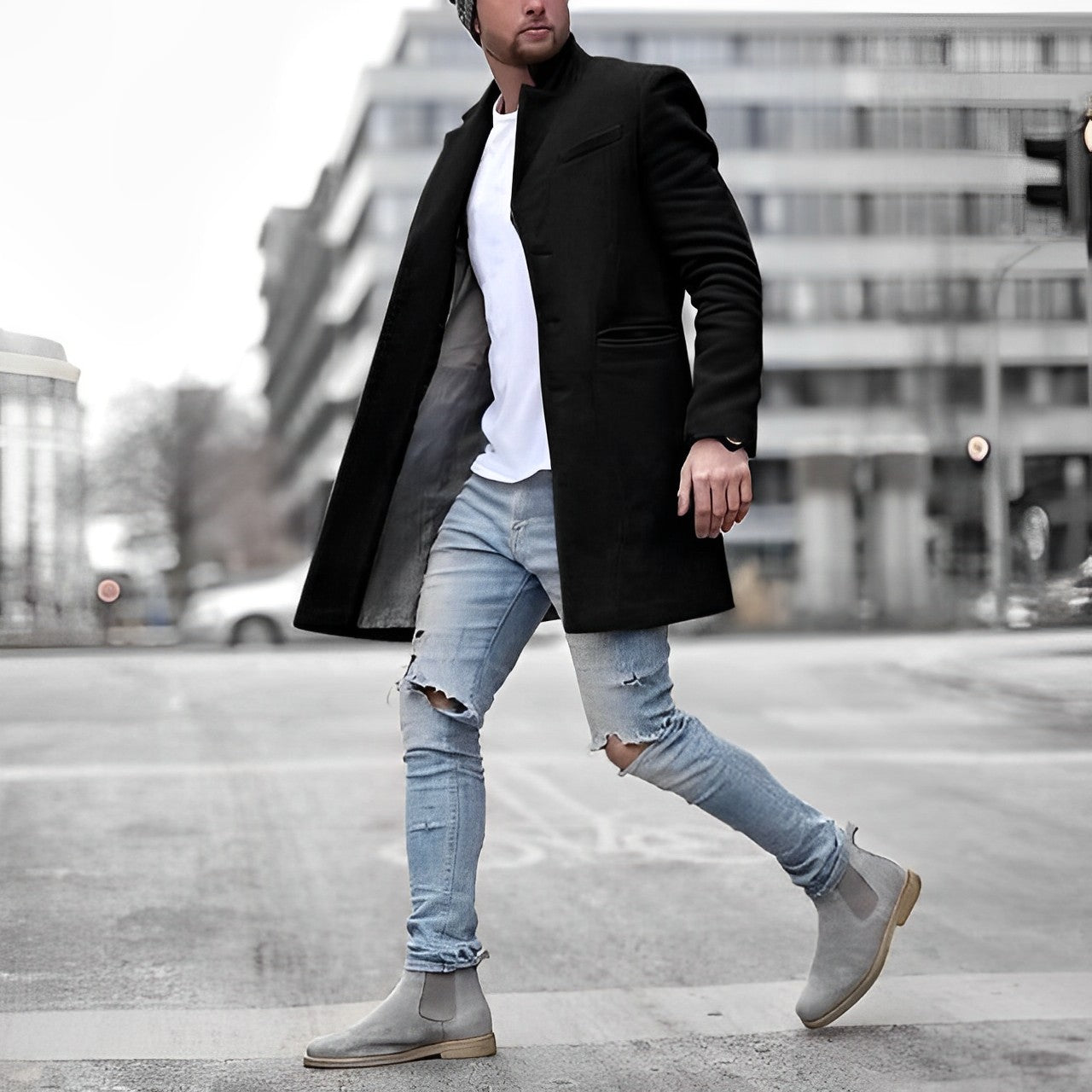 "Elegante herenblazerjas, grijs met een slank design, hoogwaardige stof, ideaal voor zowel casual als formele gelegenheden."