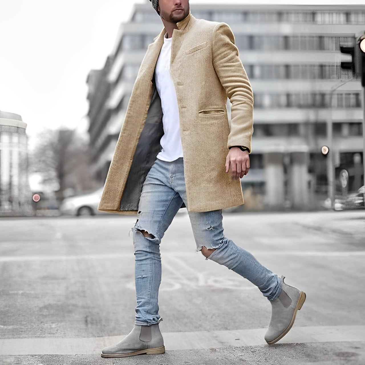 "Elegante herenblazerjas, grijs met een slank design, hoogwaardige stof, ideaal voor zowel casual als formele gelegenheden."