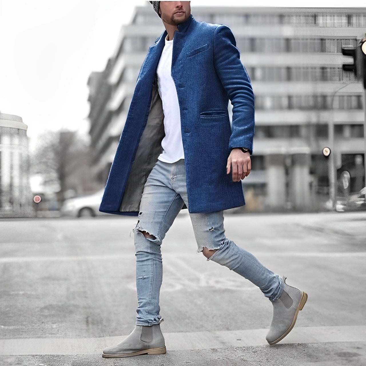 "Elegante herenblazerjas, grijs met een slank design, hoogwaardige stof, ideaal voor zowel casual als formele gelegenheden."