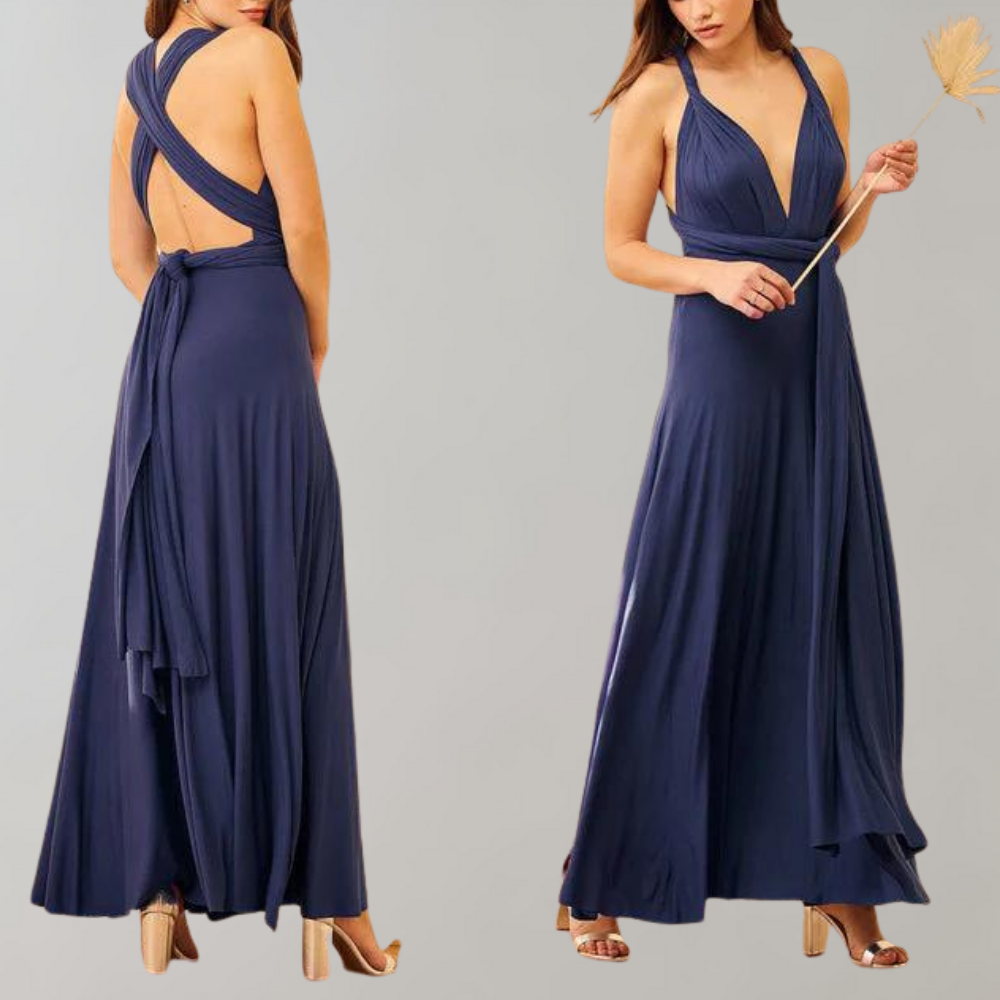 "Elegante Isabeau wikkeljurk in wijnrood, maxi-lengte met veelzijdige pasvorm en ademende stof voor zomerdagen."