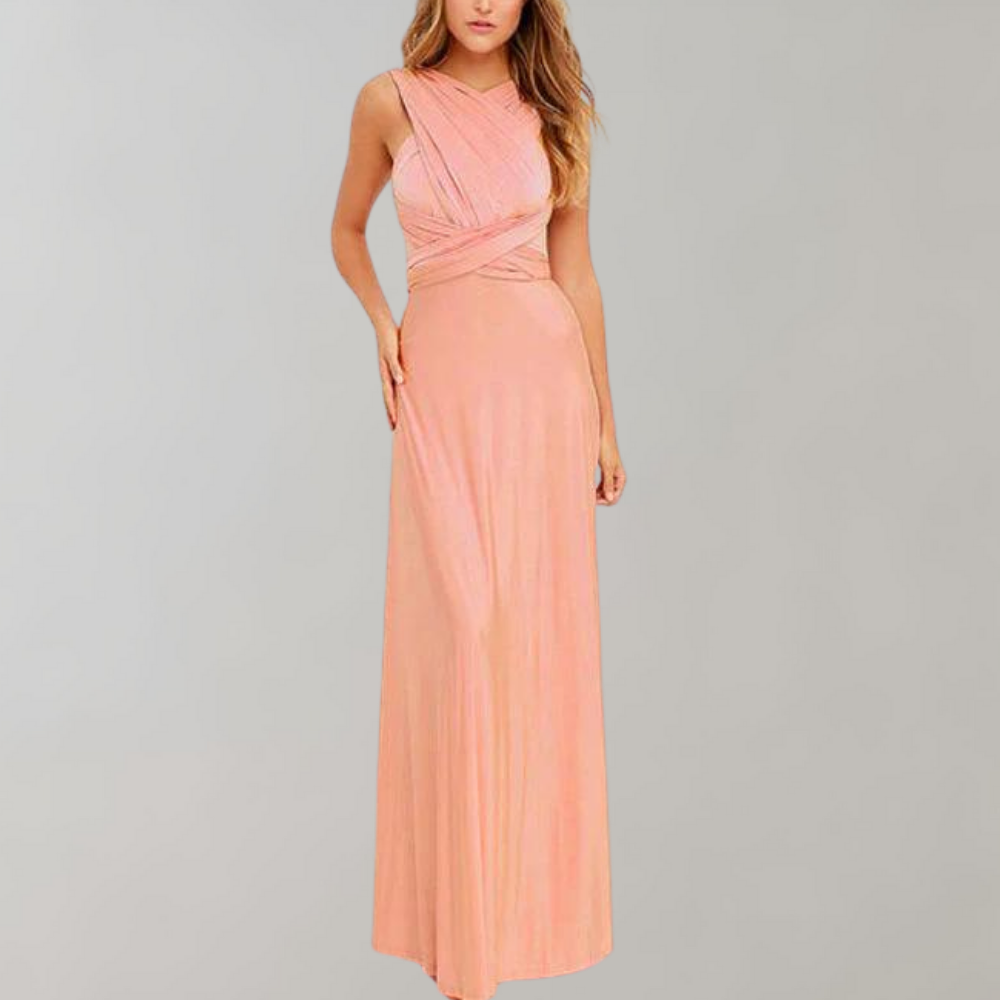 "Elegante Isabeau wikkeljurk in wijnrood, maxi-lengte met veelzijdige pasvorm en ademende stof voor zomerdagen."