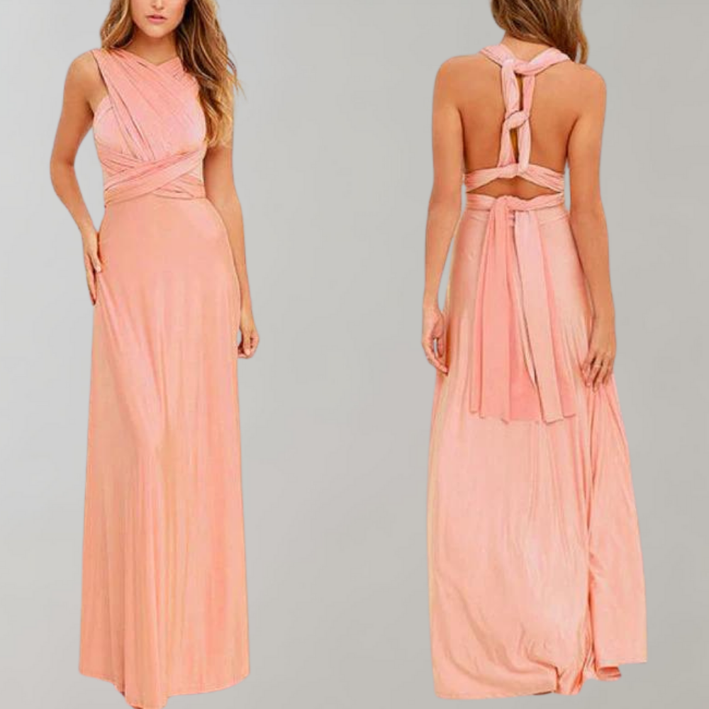 "Elegante Isabeau wikkeljurk in wijnrood, maxi-lengte met veelzijdige pasvorm en ademende stof voor zomerdagen."