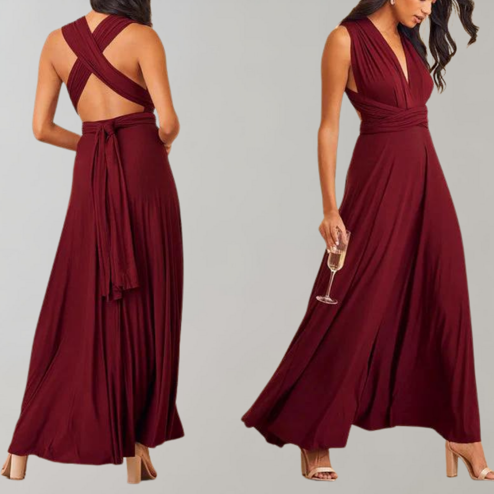 "Elegante Isabeau wikkeljurk in wijnrood, maxi-lengte met veelzijdige pasvorm en ademende stof voor zomerdagen."