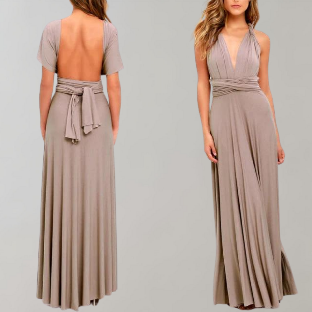 "Elegante Isabeau wikkeljurk in wijnrood, maxi-lengte met veelzijdige pasvorm en ademende stof voor zomerdagen."