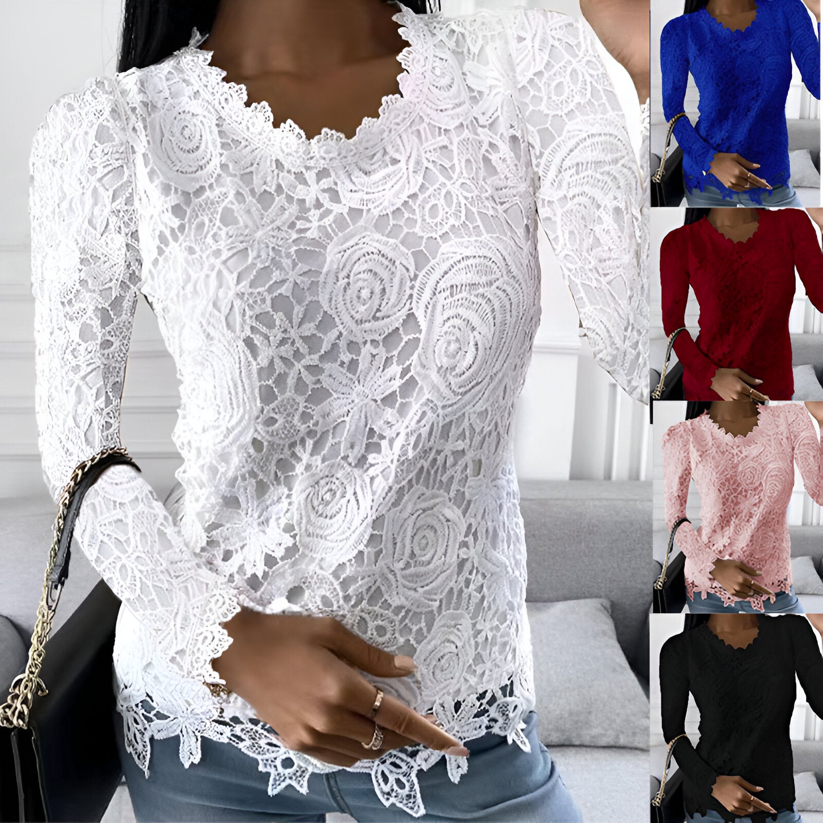 "Elegante kanten blouse met lange mouwen, vrouwelijke uitstraling, klassieke ronde hals, ideaal voor elke gelegenheid."