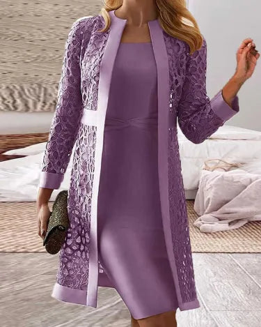 "Elegante kanten vestjurk set voor dames met sierlijke jurk en bijpassend vest, ideaal voor speciale gelegenheden."