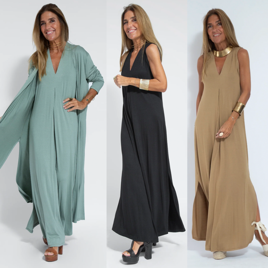 "Elegante Kate Set met lange jurk en stijlvolle weste, dameskleding, in diverse kleuren voor comfort en vrouwelijkheid."
