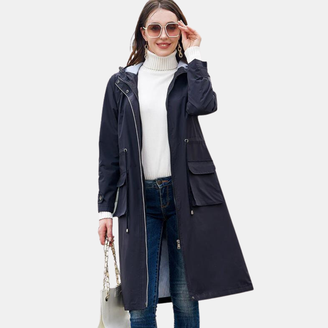 "Elegante lange damesregenjas, waterdicht, stijlvol, perfect voor regenachtige dagen en verschillende gelegenheden."