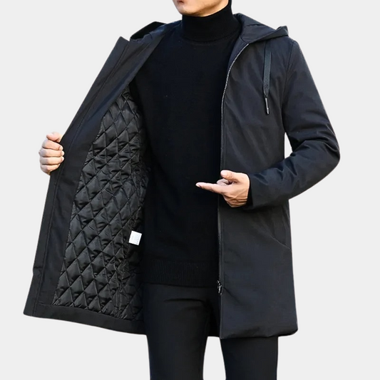 "Elegante lange herenjas zwart voor herfst winter, duurzaam en comfortabel, stijlvol voor elke gelegenheid"
