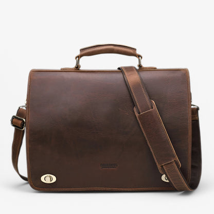 Elegante leren zakelijke aktetas, bruin, met gewatteerd laptopvak en verstelbare schouderband voor professionals.