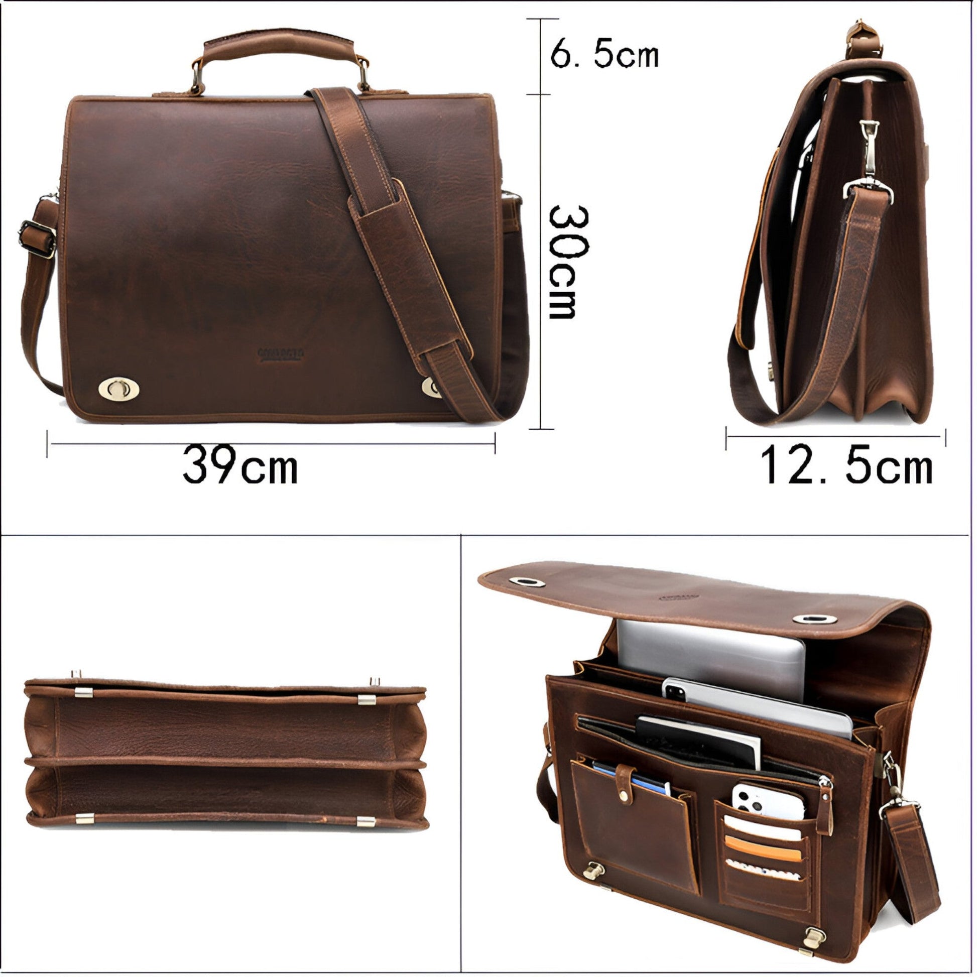 Elegante leren zakelijke aktetas, bruin, met gewatteerd laptopvak en verstelbare schouderband voor professionals.