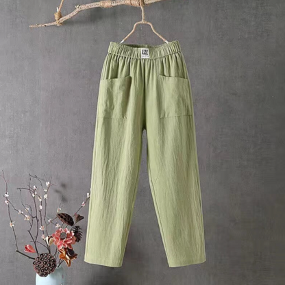 "Elegante linnen broek met elastische taille, lichtgewicht en ademend, ideaal voor dagelijks comfort en stijlvol gemak."