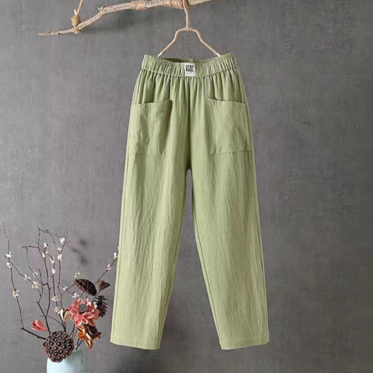 "Elegante linnen broek met elastische taille, lichtgewicht en ademend, ideaal voor dagelijks comfort en stijlvol gemak."
