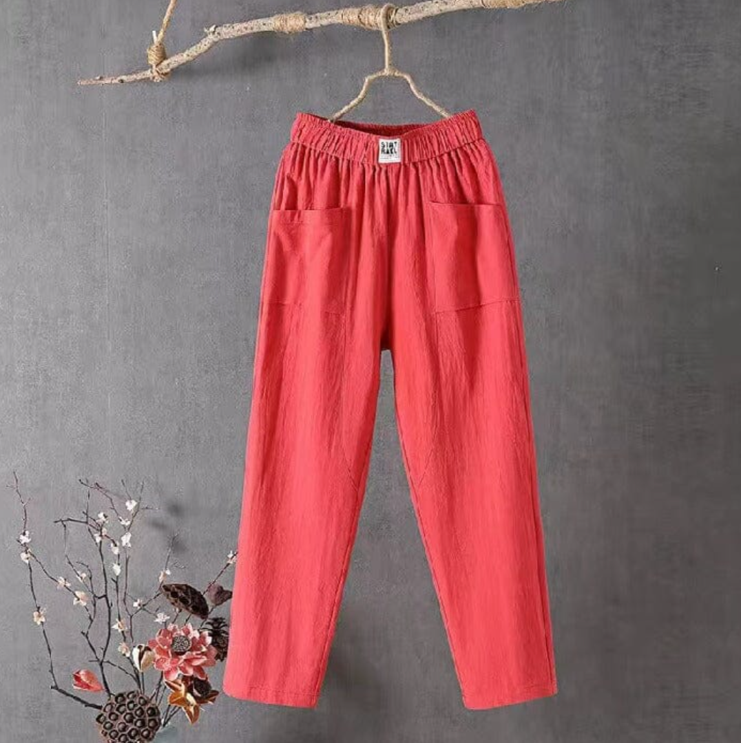 "Elegante linnen broek met elastische taille, lichtgewicht en ademend, ideaal voor dagelijks comfort en stijlvol gemak."