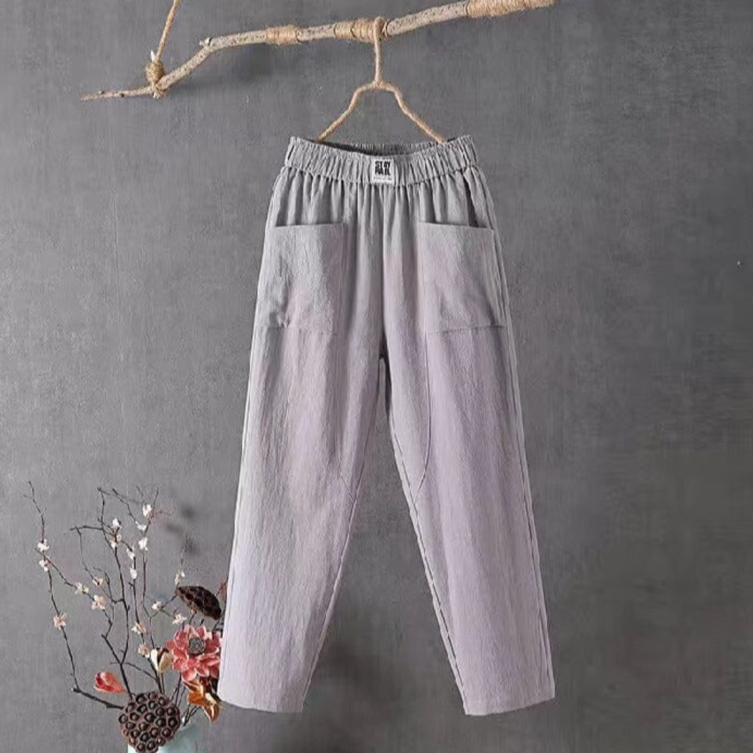 "Elegante linnen broek met elastische taille, lichtgewicht en ademend, ideaal voor dagelijks comfort en stijlvol gemak."