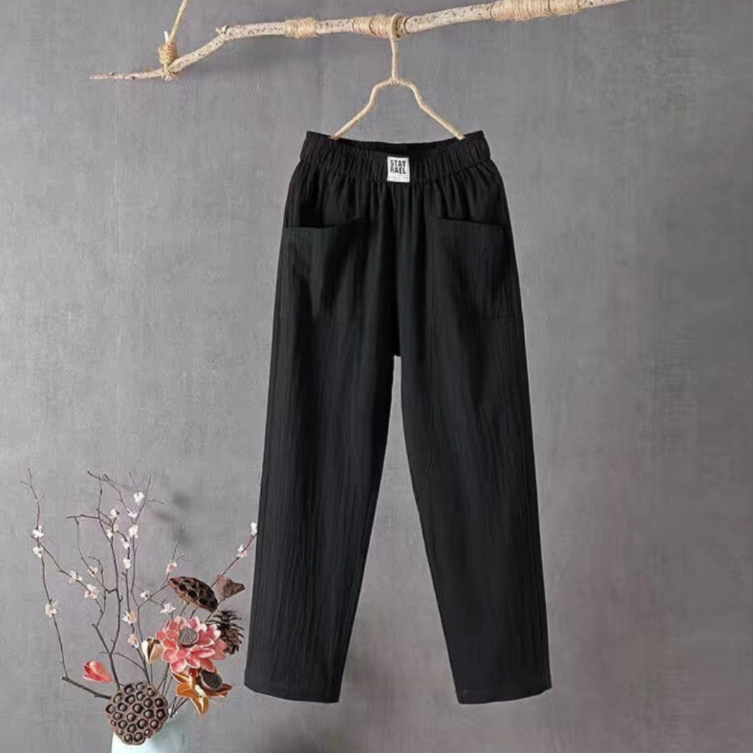 "Elegante linnen broek met elastische taille, lichtgewicht en ademend, ideaal voor dagelijks comfort en stijlvol gemak."