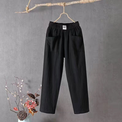 "Elegante linnen broek met elastische taille, lichtgewicht en ademend, ideaal voor dagelijks comfort en stijlvol gemak."