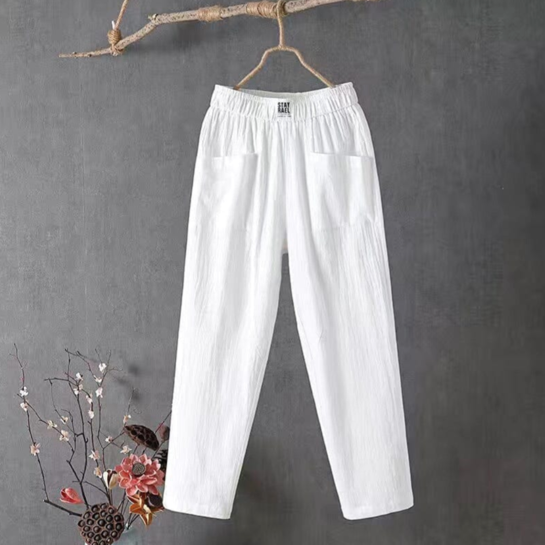 "Elegante linnen broek met elastische taille, lichtgewicht en ademend, ideaal voor dagelijks comfort en stijlvol gemak."
